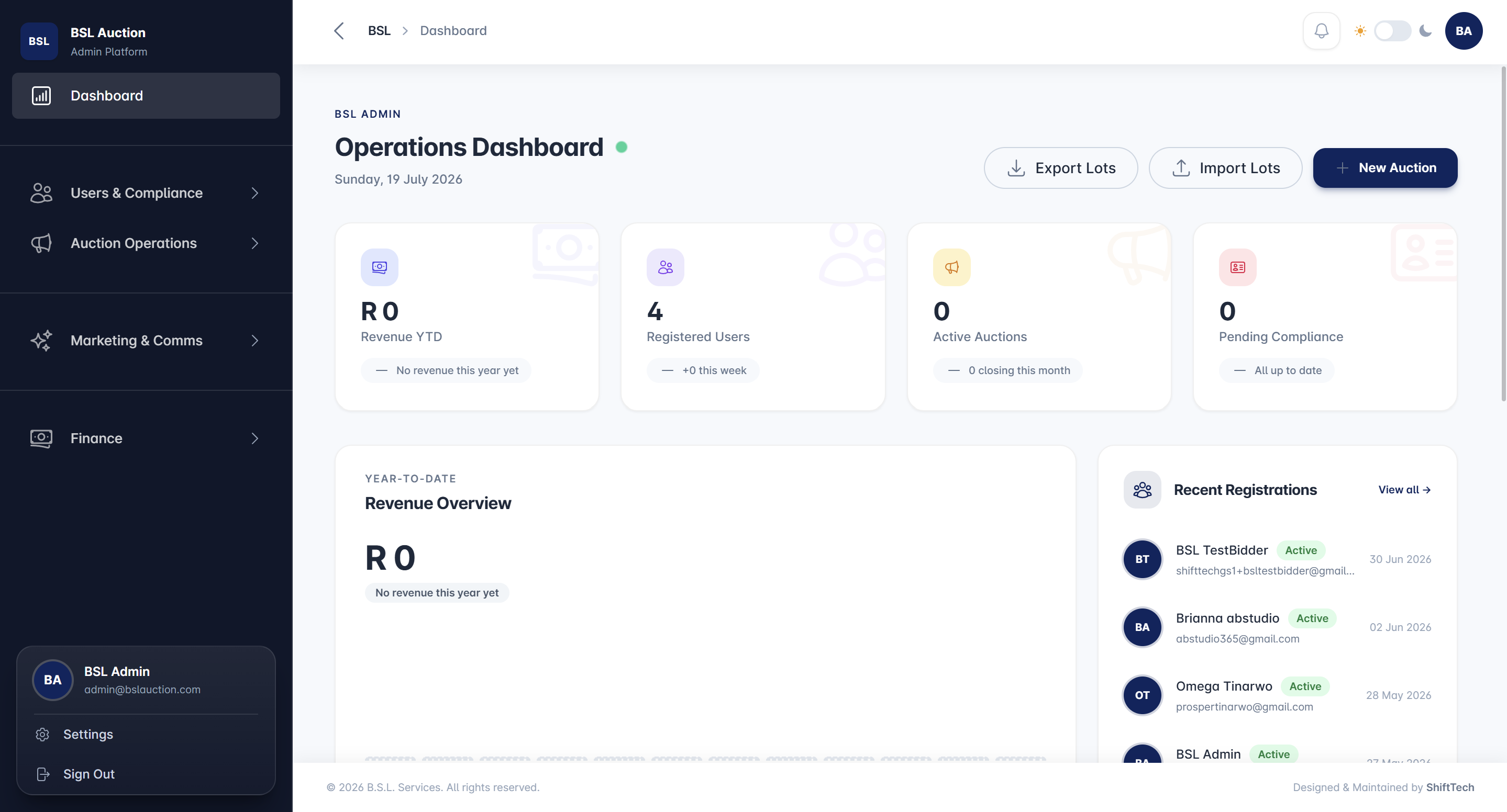 BSL Auction admin platform built by ShiftTech