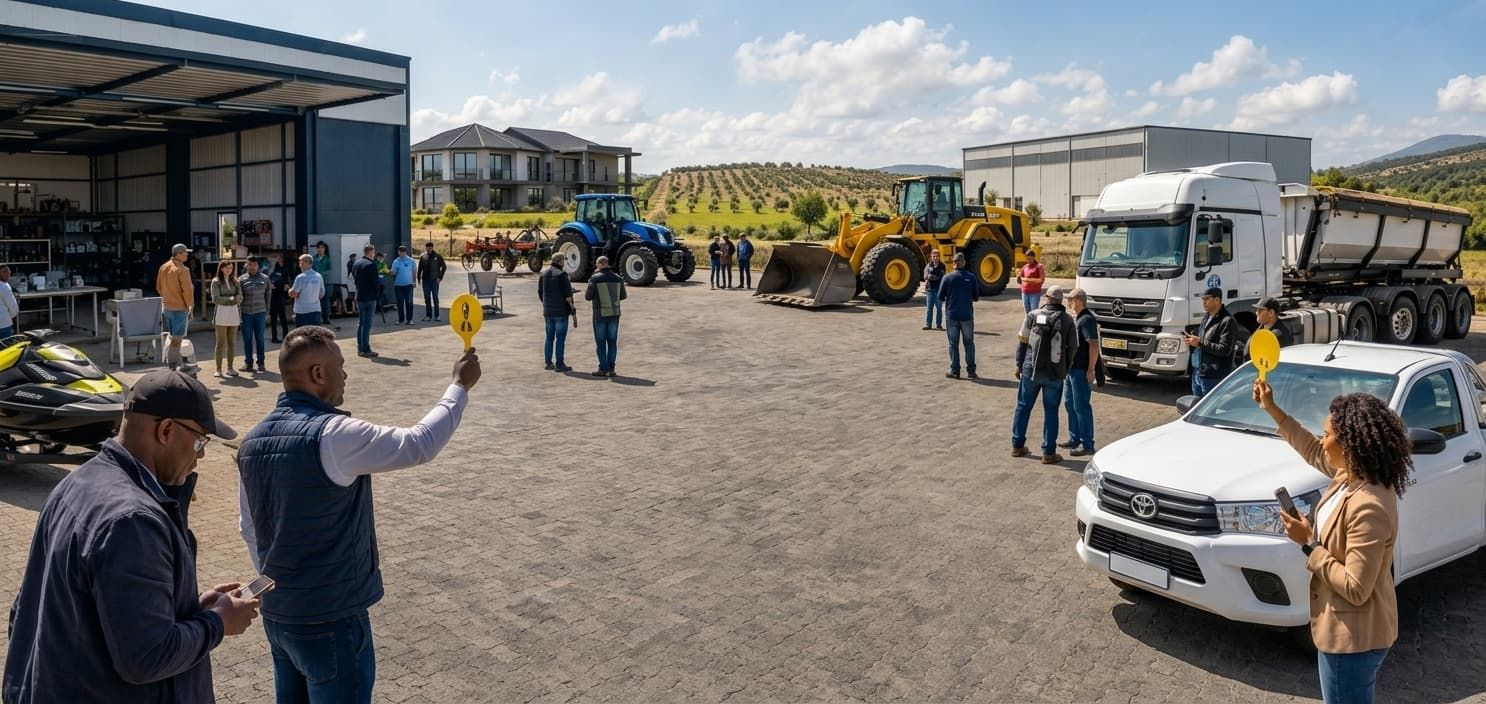 Bidders, machinery and vehicles at a B.S.L. auction